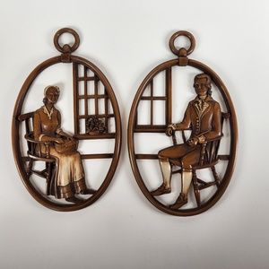 Vintage SyrocoWood American Colonial Couple Oval Wall Hangings Set of 2 Syracuse
